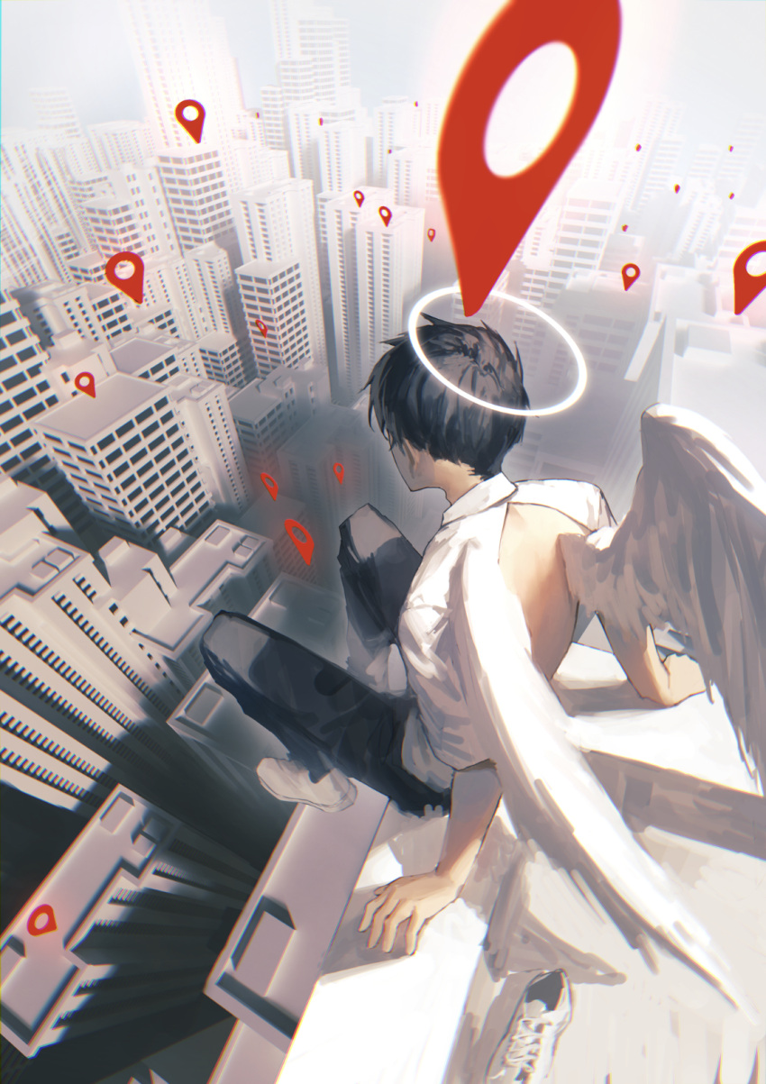 1boy angel angel_wings arm_support black_hair black_pants building city collared_shirt commentary day english_commentary facing_away feathered_wings full_body google_maps halo highres ishida_(segu_ishida) male_focus map_pin on_roof original outdoors pants shirt shoes short_hair short_sleeves sitting sneakers solo white_footwear white_shirt wings