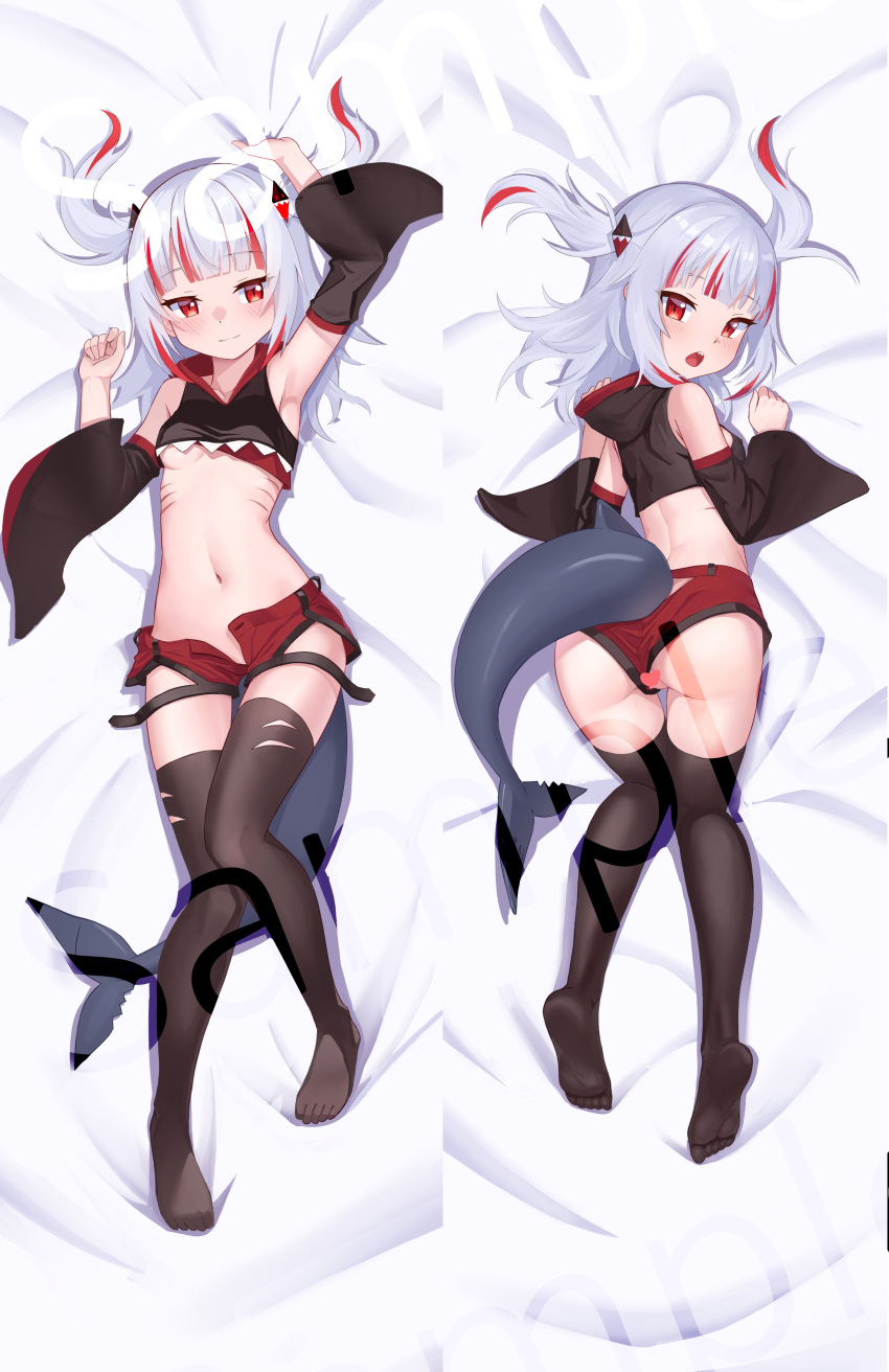 absurdres adapted_costume alternate_eye_color alternate_hair_color arm_up armpits ass bad_id bad_twitter_id bed_sheet black_thighhighs blunt_bangs breasts censored commentary commission dakimakura_(medium) detached_sleeves english_commentary female fins fish_tail full_body gawr_gura gills grey_hair heart heart_censor highres hirotaka0125 hololive hololive_english inactive_account looking_at_viewer lying micro_shorts multicolored_hair multiple_views navel no_panties on_back on_stomach open_clothes open_mouth open_shorts red_eyes red_hair red_shorts reflect_(gawr_gura) sample_watermark shark_girl shark_tail sharp_teeth sheet_grab shorts small_breasts stomach streaked_hair tail teeth thigh_gap thighhighs two-tone_hair two_side_up virtual_youtuber watermark wide_sleeves