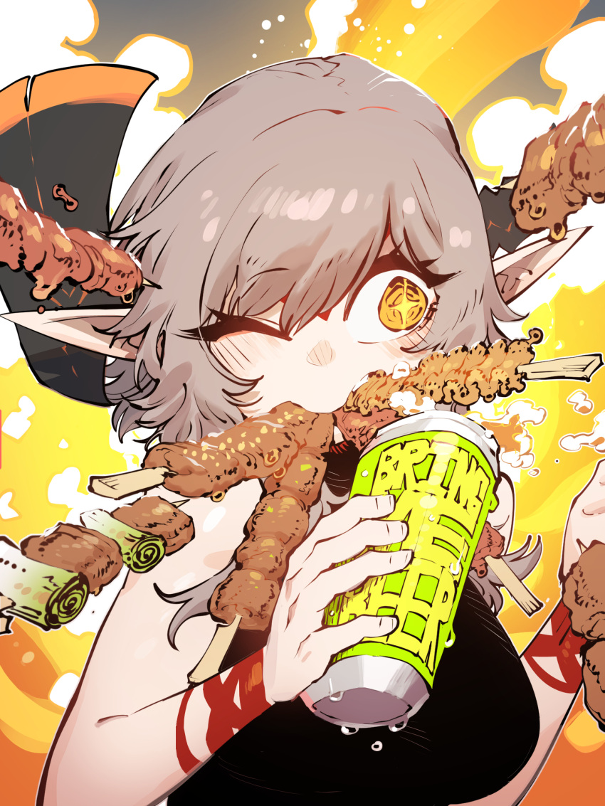 +_+ axehorn_(ssambatea) breasts can condensation drink eating female food food_in_mouth grey_hair highres meat one_eye_closed orange_eyes original pointy_ears solo ssambatea upper_body