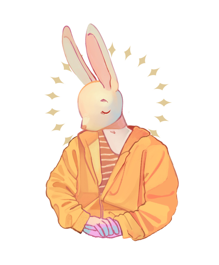 closed_eyes clothing ears_up female hand_holding hi_res jacket junkochi lagomorph leporid mammal orange_clothing pattern_clothing pink_fingers pink_nose rabbit simple_background solo sparkles striped_clothing stripes topwear white_background