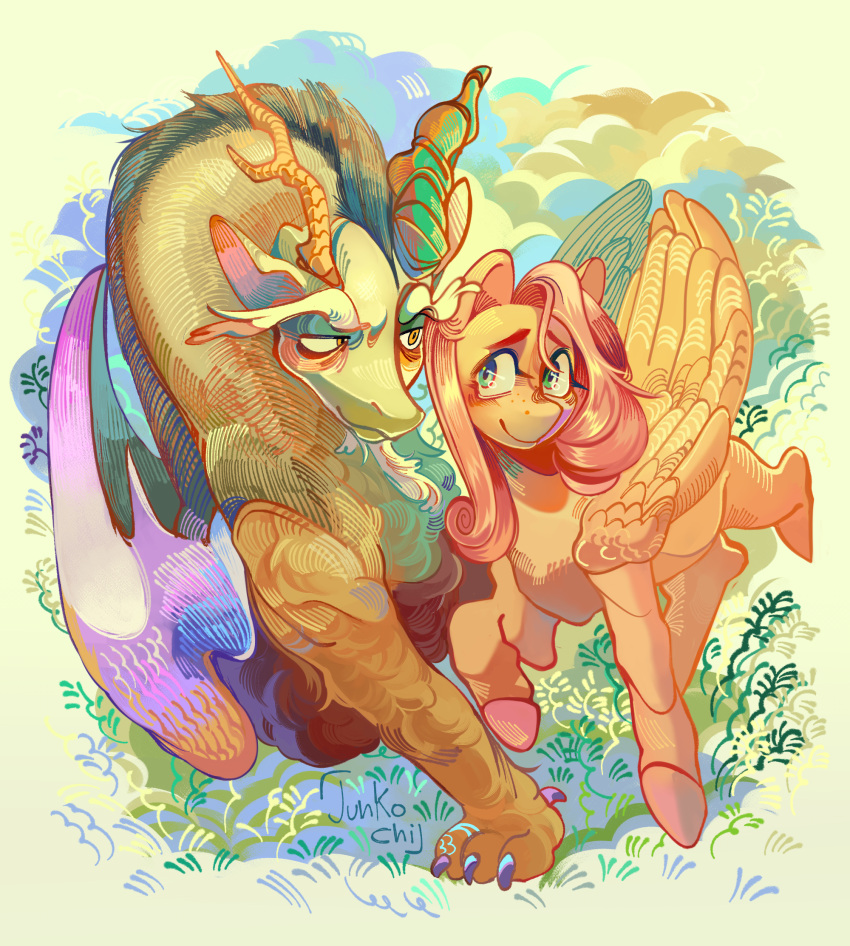 age_difference beard blue_eyes blush chimera claws discord_(mlp) draconequus dragon duo equid equine eyebrows facial_hair feathered_wings feathers female feral fluttershy_(mlp) friendship_is_magic fur furred_dragon furred_scalie hair happy hasbro hi_res hooves horn horse junkochi male male/female mammal my_little_pony mythological_creature mythological_equine mythological_scalie mythology pegasus pink_hair pink_hooves pony purple_wings quimera scalie shy thick_eyebrows wings yellow_body yellow_eyes yellow_feathers yellow_wings