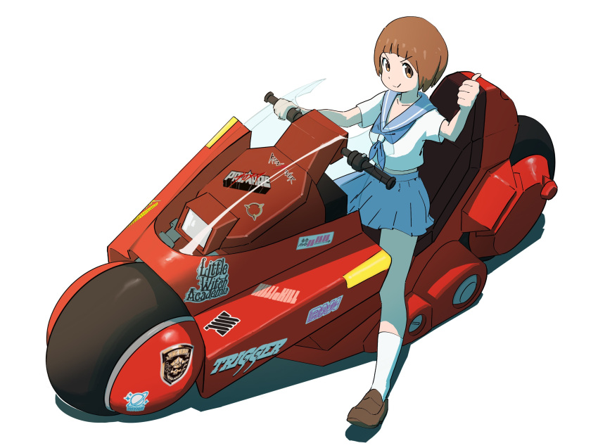 absurdres akira_(manga) bob_cut brand_new_animal breasts brown_eyes brown_hair closed_mouth company_connection copyright_name copyright_request crossover cyberpunk_(series) cyberpunk_edgerunners female full_body gridman_universe highres inferno_cop kaneda_shoutarou's_bike kill_la_kill kiznaiver little_witch_academia looking_at_viewer mankanshoku_mako motor_vehicle motorcycle promare psylduck school_uniform serafuku short_hair sitting skirt smile solo sticker thumbs_up trigger_(company) uchuu_patrol_luluco