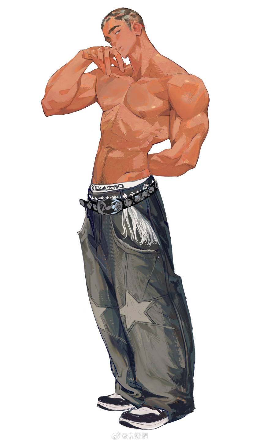 1boy abs absurdres arm_behind_back baggy_pants bara buzz_cut covering_own_mouth from_side full_body hand_over_own_mouth highres horikwawataru large_pectorals looking_at_viewer lowleg lowleg_pants male_focus male_underwear male_underwear_peek mature_male multicolored_hair muscular muscular_male navel navel_hair nipples original pants pectorals short_hair sideburns solo standing star_(symbol) star_print stomach sway_back thick_eyebrows topless_male two-tone_hair underwear very_short_hair white_male_underwear