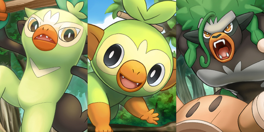 :d blue_sky cloud cloudy_sky column_lineup commentary_request day evolutionary_line fangs furry graphite_(medium) grookey hakuginnosora happy highres open_mouth outdoors pokemon pokemon_(creature) rillaboom sky smile thwackey traditional_media tree