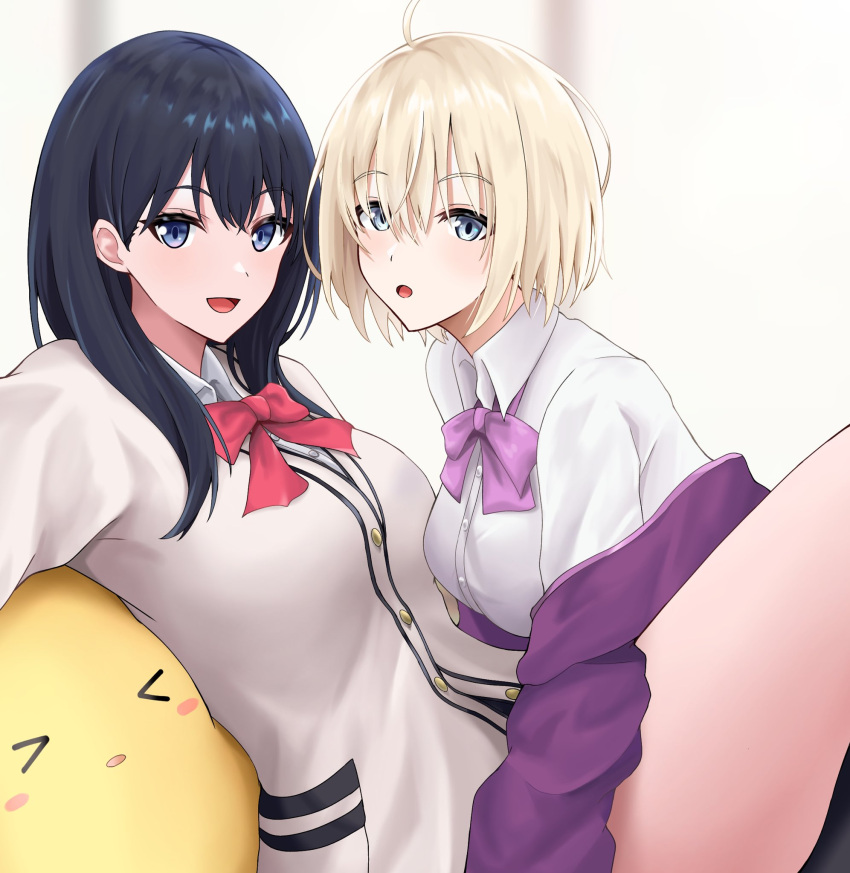 2girls :d :o ahoge azur_lane bataan_(azur_lane) blonde_hair blue_eyes blue_hair bow bowtie cardigan commentary_request cosplay gridman_universe highres jacket jakqbigone long_hair long_sleeves looking_at_viewer manjuu_(azur_lane) multiple_girls off_shoulder open_mouth purple_bow purple_bowtie purple_jacket red_bow red_bowtie shinjou_akane shinjou_akane_(cosplay) shirt short_hair smile ssss.gridman takarada_rikka thighs white_shirt