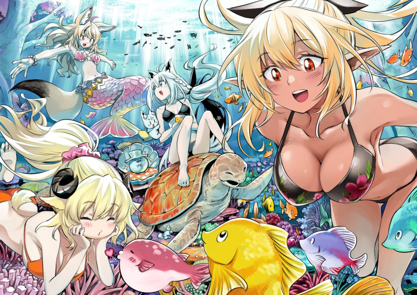 4girls animal_ears bakatare_(hololive) bikini blonde_hair breasts cleavage dark-skinned_female dark_skin fish fox_ears fox_girl hololive horns kurose_kousuke large_breasts long_hair mermaid monster_girl multiple_girls omaru_polka open_mouth pointy_ears ponytail red_eyes sheep_girl sheep_horns shell shell_bikini shirakami_fubuki shiranui_flare smile swimsuit tsunomaki_watame turtle underwater virtual_youtuber white_hair