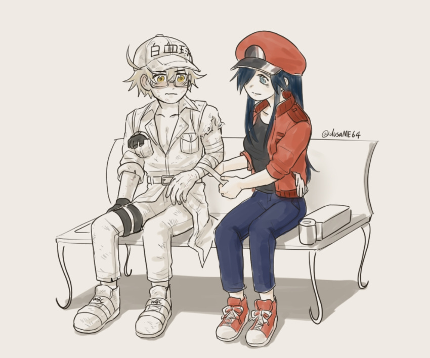 1boy aa-2153 ahoge bandages belt bench black_hair cabbie_hat closed_mouth commentary_request denim dusa female glasses gloves hair_over_one_eye hat hataraku_saibou hataraku_saibou_black jacket jeans korean_commentary looking_at_another pants pectorals red_blood_cell_(hataraku_saibou) red_headwear red_jacket role_reversal semi-rimless_eyewear sepia_background shoes simple_background sneakers torn_sleeve twitter_username u-1196 under-rim_eyewear uniform unworn_gloves white_blood_cell_(hataraku_saibou) white_headwear white_jacket yellow_eyes