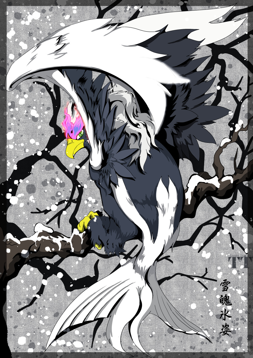 2021 4_toes absurd_res accipitrid accipitriform ambiguous_gender anisodactyl avian avian_feet beak biped bipedal_feral bird branch cere_(anatomy) cold digital_media_(artwork) digitigrade feathers feet feral generation_8_pokemon green_eyes grey_body grey_feathers grey_wings hi_res hisuian_braviary hisuian_form japanese_text looking_at_viewer looking_back looking_back_at_viewer multicolored_body multicolored_feathers multicolored_wings nintendo outside perched pink_body pink_feathers plant pokemon pokemon_(species) pokemon_legends_arceus prehensile_feet purple_body purple_feathers rear_view regional_form_(pokemon) scutes shaded signature snow solo tail tail_feathers talons text toes translated_description tree tsukuda_0018 two_tone_wings white_body white_feathers white_tail white_wings wings yellow_beak