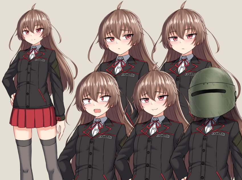 :3 ahoge black_jacket blush brown_hair closed_mouth collared_shirt commentary_request dress_shirt female grey_background grey_legwear hair_between_eyes hand_on_own_hip helm helmet highres jacket long_hair long_sleeves miyako_(yakob_labo) multiple_views neck_ribbon nose_blush oerba_yun_fang open_mouth original pleated_skirt red_eyes red_ribbon red_skirt ribbon russian_text school_uniform shirt simple_background skirt smile tears thighhighs translated very_long_hair white_shirt yakob_labo