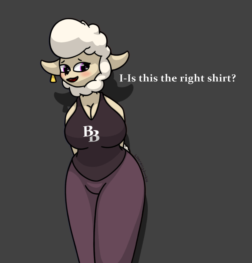 alphasoup anthro beat_banger big_breasts blush bovid breasts caprine cleavage clothed clothing dawna_mabel digital_media_(artwork) ear_piercing embarrassed english_text female fluffy fluffy_tail hands_behind_back hi_res leaning leaning_forward logo looking_aside looking_away mammal neck_tuft piercing purple_eyes sheep shirt smile solo tail tank_top text text_on_clothing text_on_shirt text_on_tank_top text_on_topwear thick_thighs topwear tuft watermark