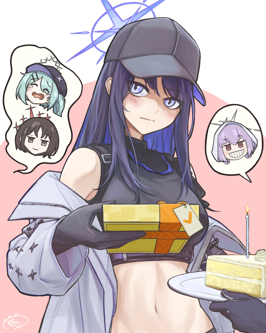 4girls 52_(foqxj0412) absurdres arius_squad_(blue_archive) armband atsuko's_grin_(meme) atsuko_(blue_archive) bare_shoulders baseball_cap birthday_cake black_gloves black_hair black_headwear black_pants black_shirt blue_archive blue_eyes blue_hair blush box breasts brown_hair cabbie_hat cake cake_slice card chest_harness closed_eyes closed_mouth coat commentary cowboy_shot crop_top crying eyes_visible_through_hair food gift gift_box gloves green_hair grin hair_ornament hair_over_one_eye hairclip halo harness hat hat_ornament highres hiyori_(blue_archive) holding holding_card holding_gift hood hood_up hooded_jacket jacket korean_commentary long_hair looking_at_viewer medium_breasts meme midriff misaki_(blue_archive) multicolored_hair multiple_girls navel no_mask off_shoulder open_mouth pants purple_hair red_eyes saori_(blue_archive) shirt short_hair side_ponytail sidelocks signature sleeveless sleeveless_shirt smile solo_focus spoken_character standing star_(symbol) star_hat_ornament stomach teeth two-tone_hair underbust white_coat