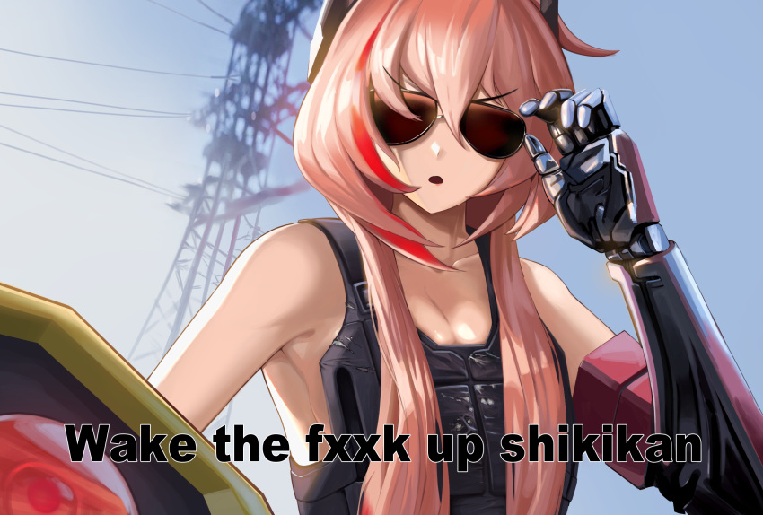 banana_(girls'_frontline) breasts censored censored_text cleavage collarbone cosplay cyberpunk_(series) cyberpunk_2077 english_text female girls'_frontline highres johnny_silverhand johnny_silverhand_(cosplay) korean_commentary long_hair m4_sopmod_ii_(girls'_frontline) mechanical_arms meme milkdd multicolored_hair non-humanoid_robot parody robot sideboob sidelocks single_mechanical_arm streaked_hair sunglasses very_long_hair wake_the_fuck_up_samurai_(meme)