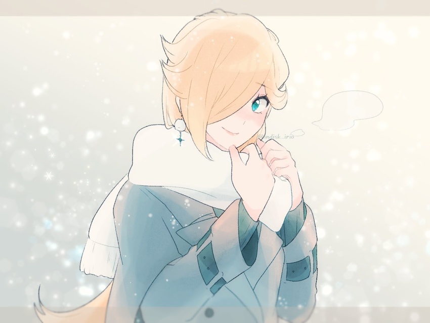 alternate_costume blonde_hair blue_coat blue_eyes coat earrings female hair_over_one_eye indisk_irio jewelry long_hair long_sleeves mario_(series) rosalina scarf smile snow solo twitter_username upper_body white_scarf