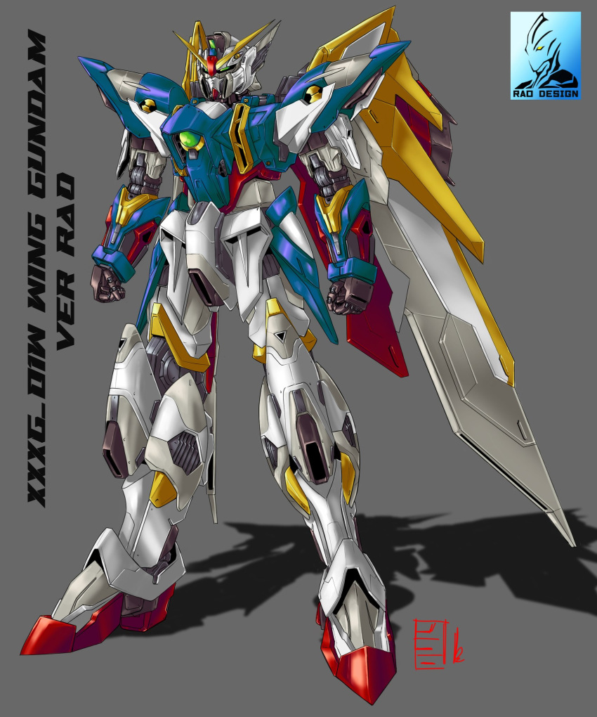 artist_logo character_name clenched_hands green_eyes grey_background gundam gundam_wing highres mecha mechanical_wings no_humans pravin_rao_santheran robot science_fiction shadow solo standing v-fin wing_gundam wings