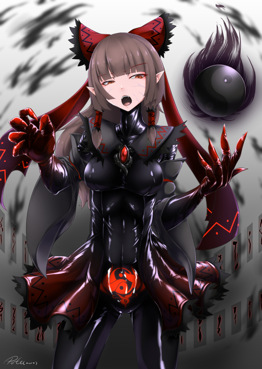 bodysuit bow brown_hair commentary_request corruption dark_persona detached_sleeves fangs female hairbow hakurei_reimu highres inyuppo latex latex_bodysuit long_hair open_mouth orange_eyes orb pointy_ears sharp_teeth shiny_clothes signature skin_tight slit_pupils solo teeth touhou veins wide_sleeves yin_yang yin_yang_orb