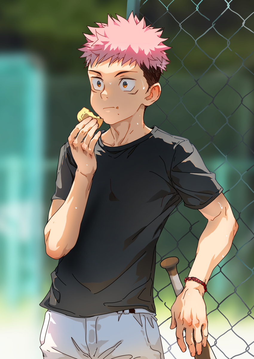 1boy absurdres aged_down alternate_costume baseball_bat beitemian bite_mark black_hair black_shirt blurry blurry_background brown_eyes facial_mark fence highres itadori_yuuji jujutsu_kaisen looking_to_the_side male_focus pants pink_hair shirt short_hair solo spiked_hair undercut white_pants