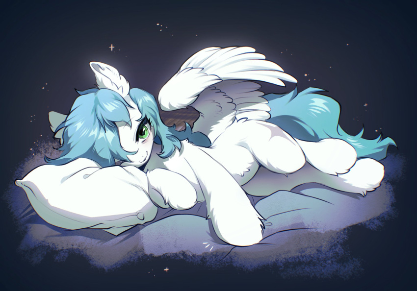 bedding blue_hair blue_tail cutie_mark equid equine eyelashes fan_character feathered_wings feathers female feral fluffy fur green_eyes hair hasbro hi_res inner_ear_fluff looking_at_viewer lying mammal my_little_pony mythological_creature mythological_equine mythology on_side pegasus pillow solo swaybat tail tuft white_body white_fur wings