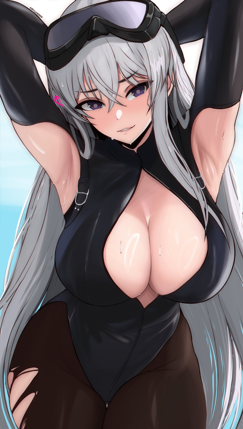 absurdres armpit_cutout armpits arms_up azur_lane black_wetsuit bodysuit breasts cleavage clothing_cutout crossed_bangs diving_suit edmun6969 enterprise_(azur_lane) enterprise_(diving_under_blue_skies)_(azur_lane) female goggles goggles_on_head grey_hair hair_between_eyes heart highres large_breasts long_hair one-piece_swimsuit open_wetsuit pantyhose pantyhose_under_swimsuit purple_eyes solo swim_goggles swimsuit torn_clothes torn_pantyhose very_long_hair wetsuit