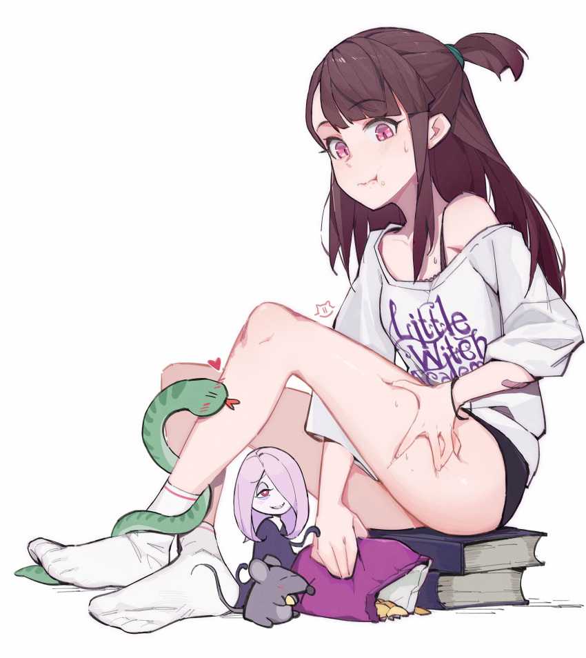 2girls absurdres brown_hair eating feet full_body highres kagari_atsuko lan_mao_akko legs little_witch_academia looking_at_viewer mini_person minigirl mouse_(animal) multiple_girls no_shoes ponytail purple_eyes shirt short_ponytail short_shorts shorts simple_background sitting snake socks sucy_manbavaran thigh_grab thighs toes white_background white_shirt