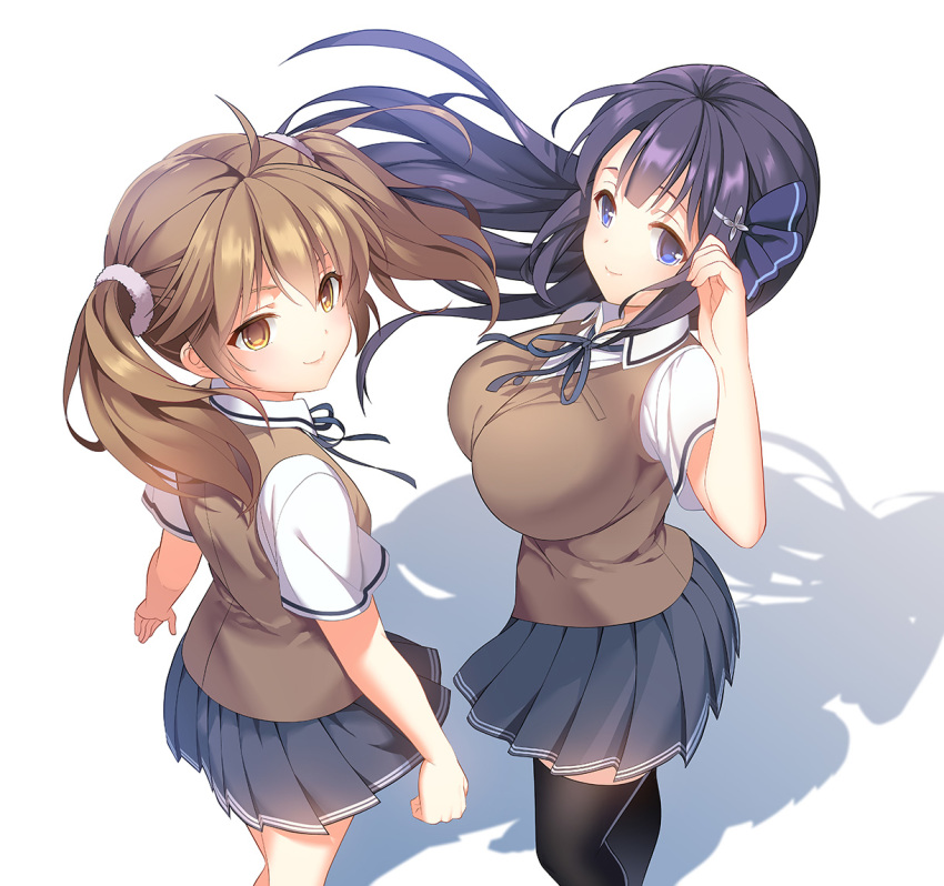 2girls ahoge black_legwear blue_eyes blue_ribbon blue_skirt breasts brown_eyes brown_hair brown_vest dress_shirt hair_ornament hairpin jiayu_long large_breasts long_hair looking_at_viewer looking_back miniskirt mo_xiaoju multiple_girls photoshop_(medium) pleated_skirt purple_hair ribbon sanse_hui_lian school_uniform shirt short_sleeves skirt smile thighhighs twintails vest wen_zhi white_shirt wind zettai_ryouiki