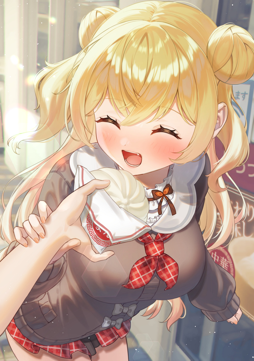 :d blonde_hair blush breasts brown_sweater closed_mouth cosplay day double_bun female food hair_bun highres hiyorou holding holding_another's_wrist holding_food hololive large_breasts leaning_forward long_hair long_sleeves miniskirt momosuzu_nene momosuzu_nene_(casual) momosuzu_nene_(cosplay) official_alternate_costume outdoors pov pov_hands red_skirt self_cosplay skirt smile sweater two_side_up virtual_youtuber