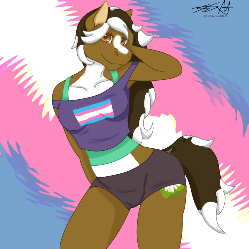 1:1 amber_eyes anthro ass bottomwear breasts brown_body brown_fur brown_hair clothing countershading cutie_mark daisy_(zer0rebel4) digital_media_(artwork) earth_pony equid equine female fur hair hasbro hi_res horse lgbt_pride looking_at_viewer mammal mane markings my_little_pony pony pride_color_background pride_colors shaded shirt shorts simple_background solo tank_top topwear trans_(lore) trans_woman_(lore) transgender_pride_colors undershirt white_body white_fur white_hair white_markings zer0rebel4