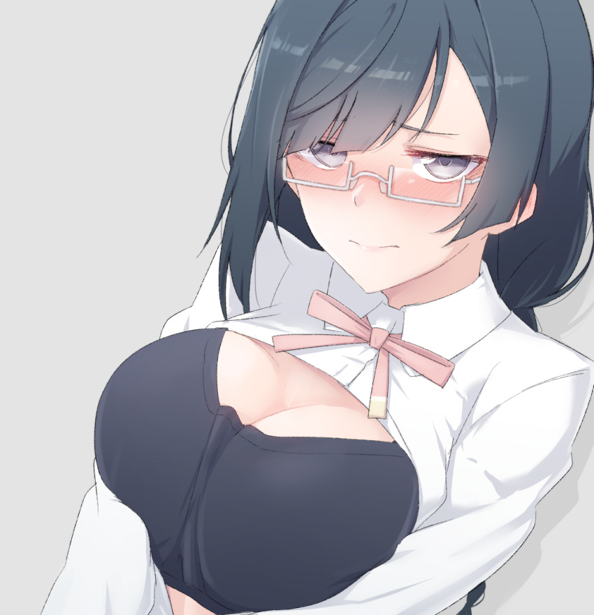 black_bra black_hair blush bra braid braided_ponytail breasts cleavage closed_mouth commentary_request female glasses grey_background grey_eyes jitome large_breasts looking_at_viewer love_live! love_live!_nijigasaki_high_school_idol_club love_live!_school_idol_festival_all_stars nakagawa_nana nasuno_(nasuno42) nijigasaki_school_uniform nose_blush pink_ribbon ribbon school_uniform semi-rimless_eyewear shrug_(clothing) simple_background single_braid solo under-rim_eyewear underwear upper_body white-framed_eyewear winter_uniform yuki_setsuna_(love_live!)