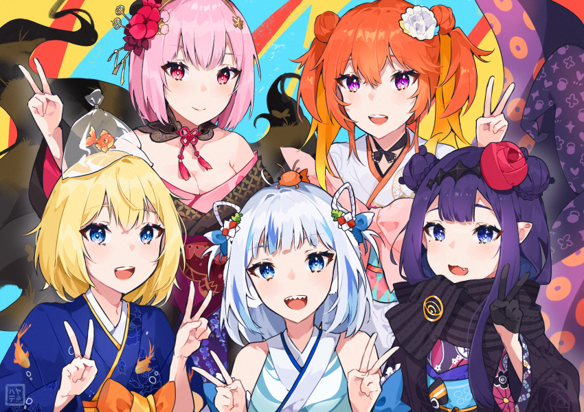 5girls ahoge bag bagged_fish black_kimono black_scarf blonde_hair blue_eyes blue_hair blue_kimono breasts cleavage commentary double_bun double_v english_commentary eyebrows_hidden_by_hair fish flower gawr_gura gawr_gura_(new_year) goldfish hair_between_eyes hair_bun hair_flower hair_ornament hayate_fish highres hololive hololive_english holomyth japanese_clothes kimono medium_breasts mori_calliope mori_calliope_(new_year) multicolored_hair multiple_girls ninomae_ina'nis ninomae_ina'nis_(new_year) obi off_shoulder orange_hair pink_hair print_kimono purple_eyes purple_hair red_eyes red_flower red_rose rose sash scarf sleeveless sleeveless_kimono streaked_hair striped_clothes striped_scarf takanashi_kiara takanashi_kiara_(new_year) tentacle twintails v virtual_youtuber water watson_amelia watson_amelia_(new_year) white_flower white_hair white_kimono