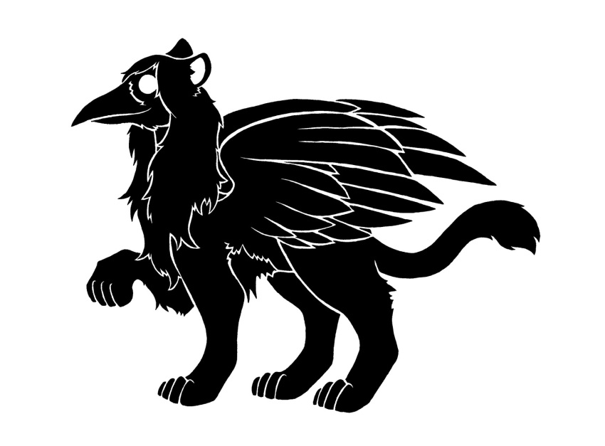 2014 avian beak black_and_white cat_tail description digital_media_(artwork) digitigrade english_description feathered_wings feathers feral fur gryphon hair jimothy_finn long_hair maned_gryphon monochrome mythological_avian mythological_creature mythology paws quadruped raised_paw raised_wings restricted_palette silhouette simple_background skin_deep standing sunnyclockwork white_background wings