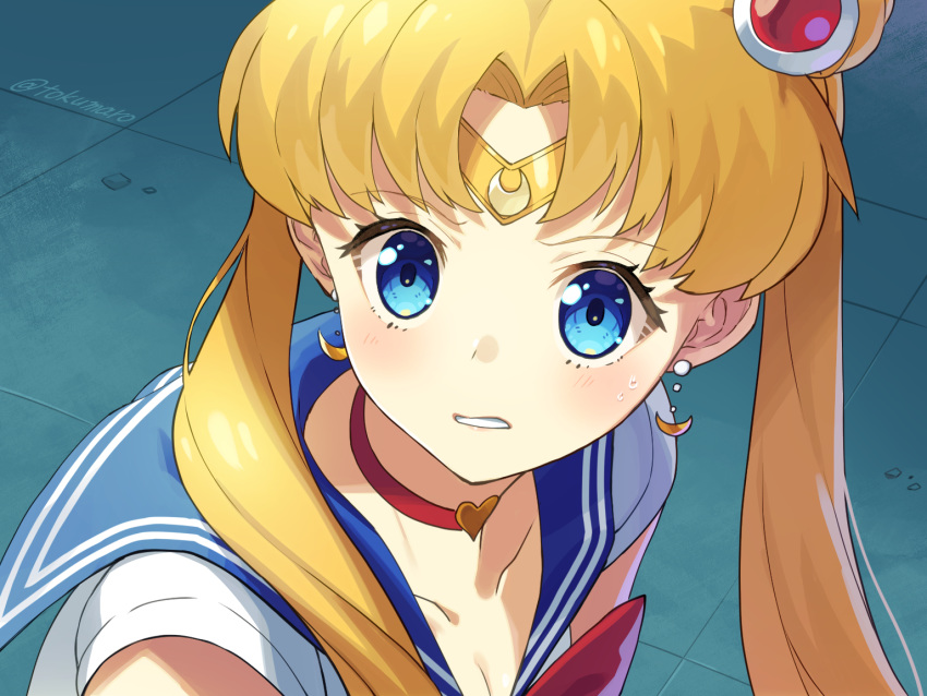 bad_id bad_twitter_id bishoujo_senshi_sailor_moon bishoujo_senshi_sailor_moon_s blonde_hair blue_eyes blue_sailor_collar breasts choker circlet cleavage collarbone crescent crescent_earrings derivative_work earrings female hair_over_shoulder heart jewelry long_hair magical_girl meme red_choker sailor_collar sailor_moon sailor_moon_redraw_challenge_(meme) sailor_senshi_uniform screenshot_redraw solo tokumaro tsukino_usagi twintails upper_body