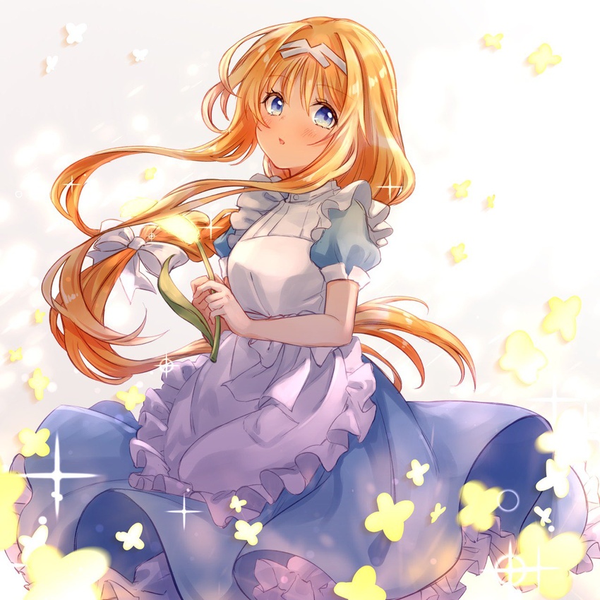 alice_zuberg apron blonde_hair blue_eyes blue_shirt blue_skirt blush bow braid braided_ponytail female floating_hair flower frilled_skirt frills hair_between_eyes hair_intakes hairband hairbow highres holding holding_flower hozumi_rino long_hair long_skirt looking_at_viewer open_mouth shirt short_sleeves simple_background skirt solo sparkle standing sword_art_online sword_art_online:_alicization very_long_hair white_apron white_background white_bow white_hairband