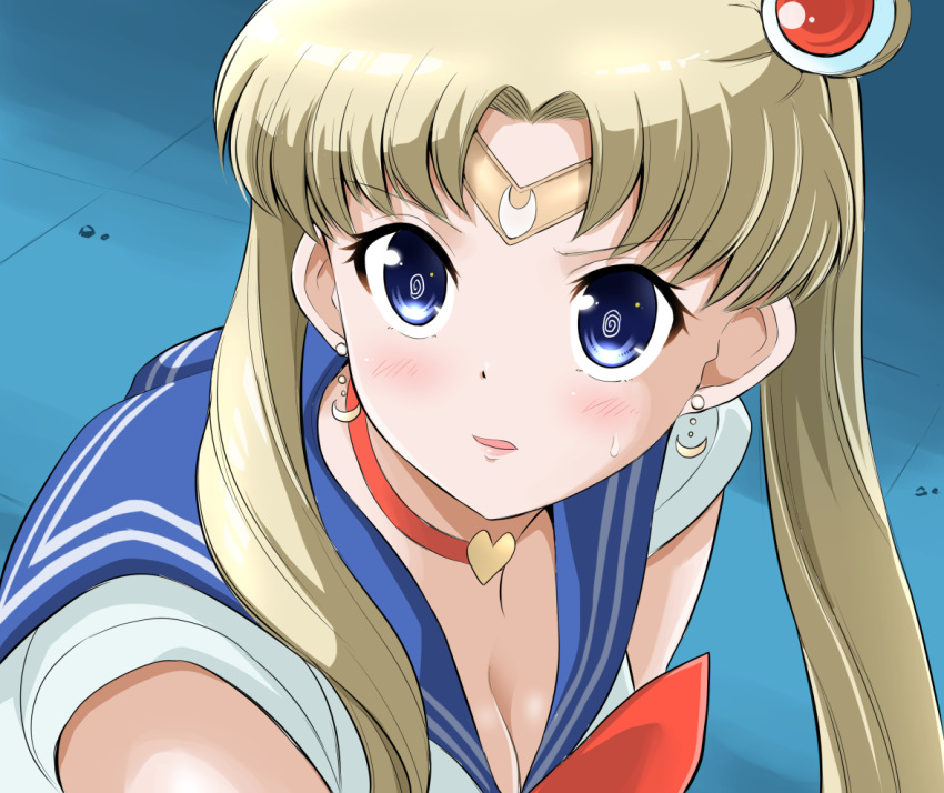 @_@ bad_id bad_twitter_id bishoujo_senshi_sailor_moon bishoujo_senshi_sailor_moon_s blonde_hair blue_eyes blue_sailor_collar breasts choker circlet cleavage collarbone commentary_request crescent crescent_earrings derivative_work double_bun earrings female hair_bun hair_ornament hair_over_shoulder heart heart_choker jewelry long_hair magical_girl medium_breasts meme red_choker sailor_collar sailor_moon sailor_moon_redraw_challenge_(meme) sailor_senshi_uniform screenshot_redraw solo teeth tsukino_usagi twintails upper_body yano_toshinori