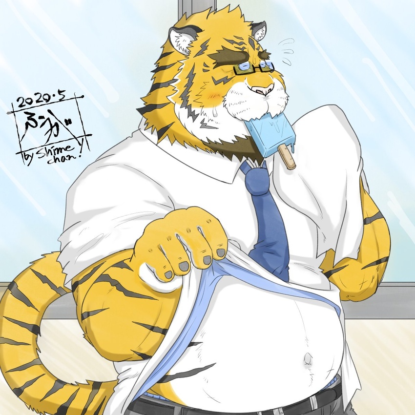 1:1 2020 anthro belly big_belly blush bottomwear clothed clothing eyewear felid fur glasses hi_res humanoid_hands kemono male mammal navel necktie open_clothing open_shirt open_topwear overweight overweight_anthro overweight_male pantherine pants shirt solo tanutronik753_k tiger topwear white_body white_fur yellow_body yellow_fur