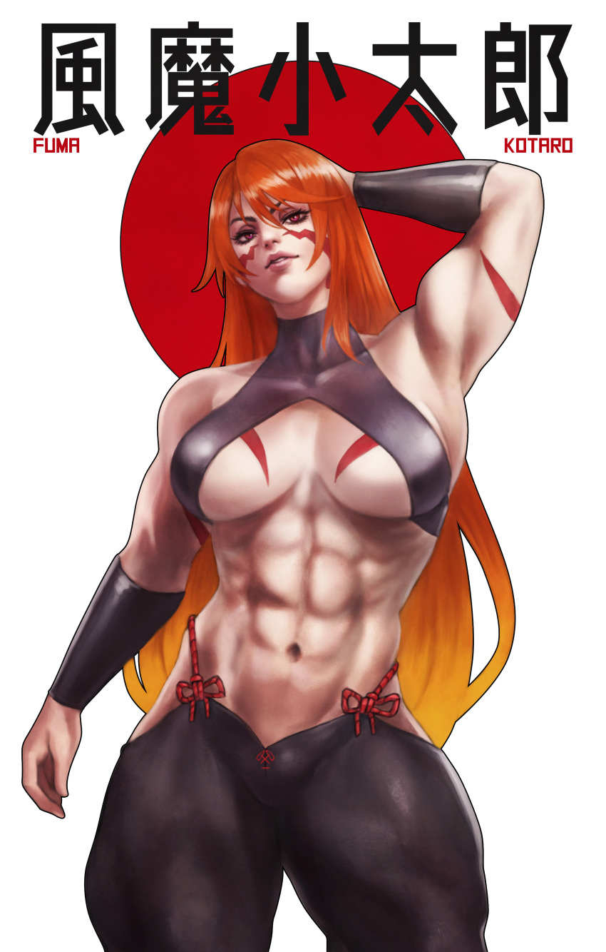 abs absurdres arm_up bare_arms bare_shoulders biceps black_pants body_markings breasts collarbone commentary facepaint female fuuma_kotarou_(tenkaichi) gradient_hair halterneck highres large_breasts long_hair looking_at_viewer monori_rogue multicolored_hair muscular muscular_female navel obliques orange_hair pants red_eyes red_hair smile solo tenkaichi_nihon_saikyou_bugeisha_ketteisen thick_thighs thighs toned underboob wristband