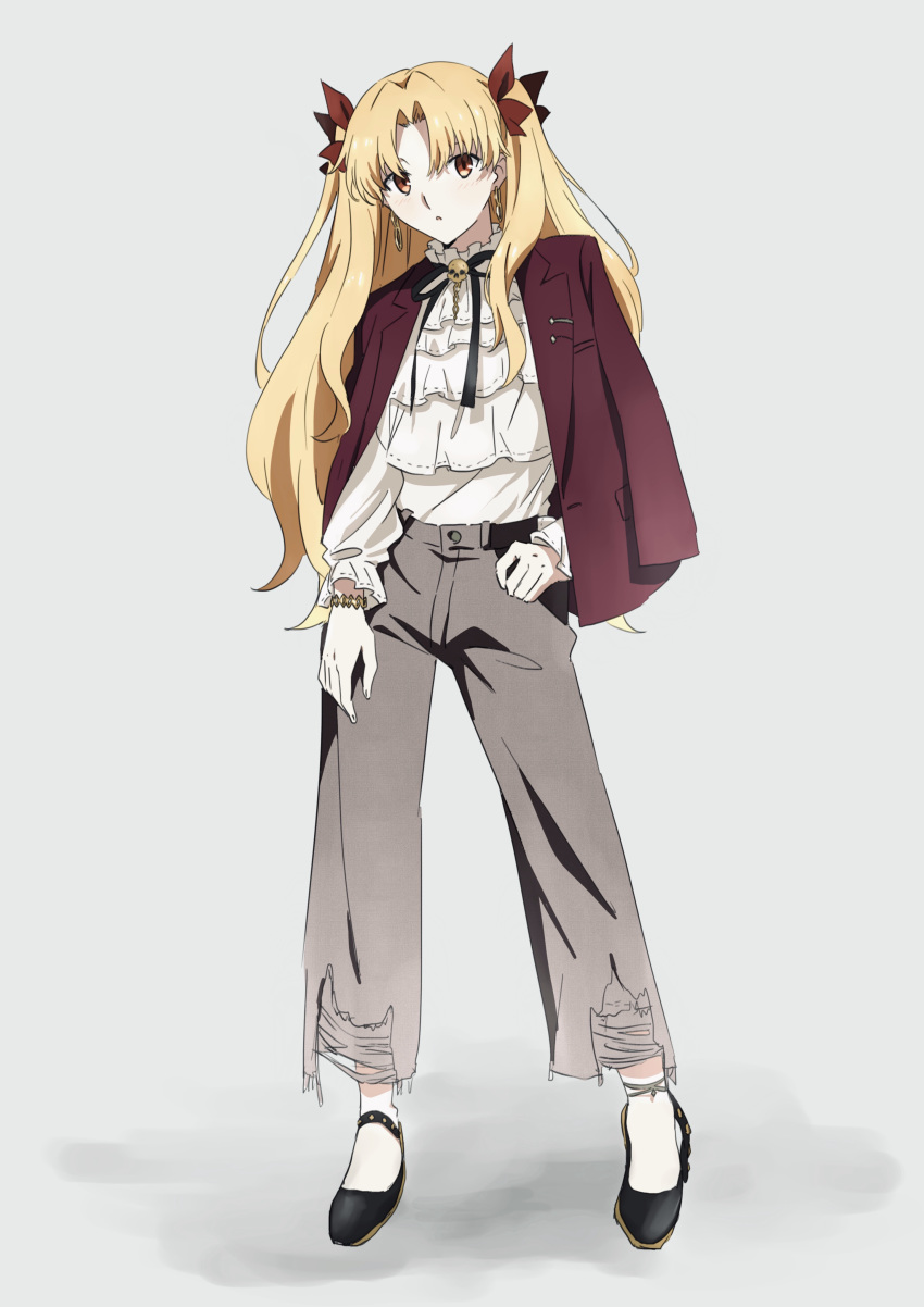 absurdres alternate_costume anklet black_footwear black_ribbon blonde_hair bow bracelet brooch brown_eyes casual cloverworks commentary_request contemporary earrings ereshkigal_(fate) fate/grand_order fate_(series) female full_body gold_earrings grey_background grey_pants hair_between_eyes hair_intakes hairbow hand_on_own_hip highres infinity_symbol jacket jacket_on_shoulders jewelry kana090601 layered_shirt long_hair long_sleeves looking_at_viewer neck_ribbon no_socks open_clothes open_jacket pants parody parted_bangs parted_lips partial_commentary red_bow red_jacket ribbon shirt simple_background skull_brooch skull_ornament solo standing style_parody torn_clothes torn_pants two_side_up very_long_hair white_shirt