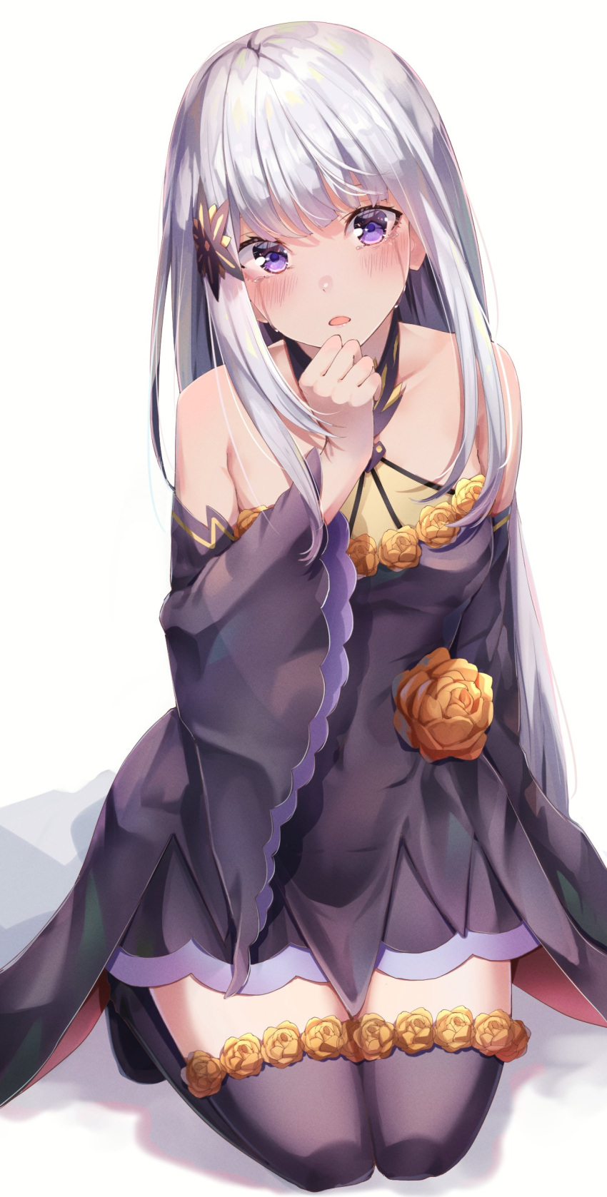 absurdres bare_shoulders black_dress black_footwear black_sleeves black_thighhighs blush breasts collarbone crying detached_sleeves dress dress_flower female flower flower_trim hair_ornament highres long_hair looking_at_viewer open_mouth orange_flower orange_rose purple_eyes re:zero_kara_hajimeru_isekai_seikatsu rose satella_(re:zero) seiza simple_background sitting small_breasts solo tears thighhighs very_long_hair white_background white_hair wide_sleeves yuunamida_uyu