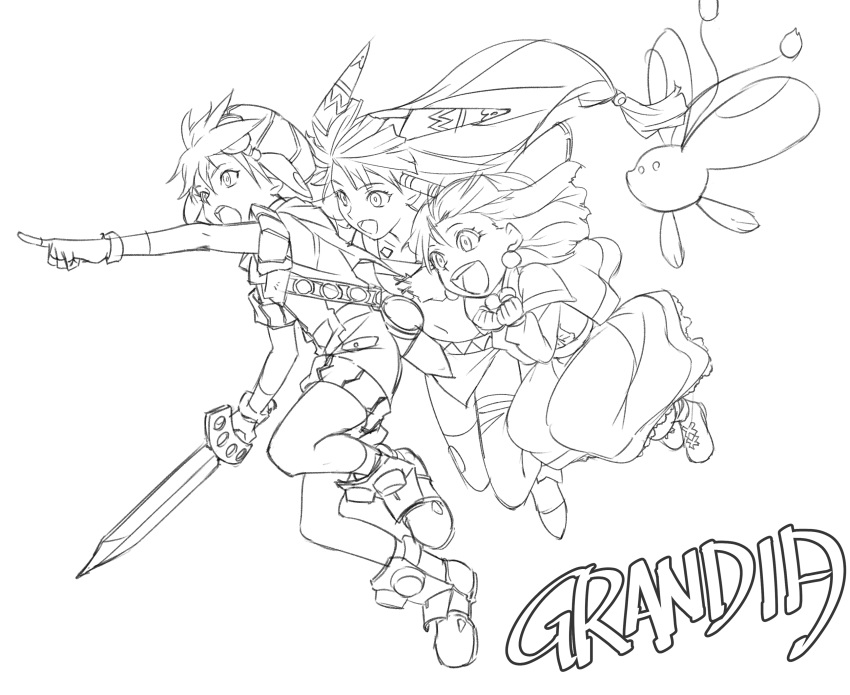 1boy 2girls :d :o absurdres copyright_name creature dress feena_(grandia) fingerless_gloves floating_hair friends full_body gloves grandia grandia_i greyscale hair_ornament hat highres holding holding_sword holding_weapon index_finger_raised jumping justin_(grandia) kurita_shin'ichi line_art long_hair low-tied_long_hair monochrome multiple_girls open_mouth outstretched_arm puui_(grandia) simple_background smile sue_(grandia) sword teeth thighhighs torn_clothes torn_thighhighs weapon white_background