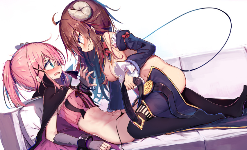 2girls abs ahoge beize_(garbage) belt blue_eyes blush bow breasts brown_hair cape chiyoda_momo collar commentary couch cowgirl_position crisis_management_form_(machimazo) demon_girl demon_horns demon_tail eye_contact hair_ornament horns kneeling large_breasts long_hair looking_at_another machikado_mazoku multiple_girls navel no_shoes pillow pink_hair ponytail scar scared simple_background straddling sweat symbol-only_commentary tail tail_wrap tears thighhighs thong topless undressing wavy_mouth white_background x_hair_ornament yellow_eyes yoshida_yuuko_(machikado_mazoku) you_gonna_get_raped yuri