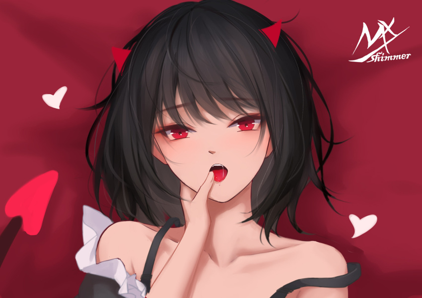 2girls angel_and_devil angel_girl_(shimmer) artist_name bare_shoulders black-haired_demon_girl_(shimmer) black_hair collarbone commentary demon_girl demon_horns demon_tail finger_in_another's_mouth heart highres horns lying multiple_girls on_back original out_of_frame red_background red_eyes saliva shimmer signature solo_focus strap_slip symbol-only_commentary tail teeth upper_body upper_teeth_only yuri