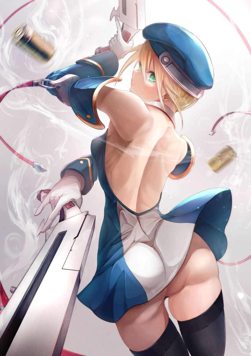 absurdres ass back backless_dress backless_outfit bare_shoulders beret black_thighhighs blazblue blonde_hair blue_hat bolverk breasts dai_toro dress dual_wielding eyebrows female gloves green_eyes hat highres holding leotard medium_breasts noel_vermillion shell_casing solo thighhighs white_background white_gloves