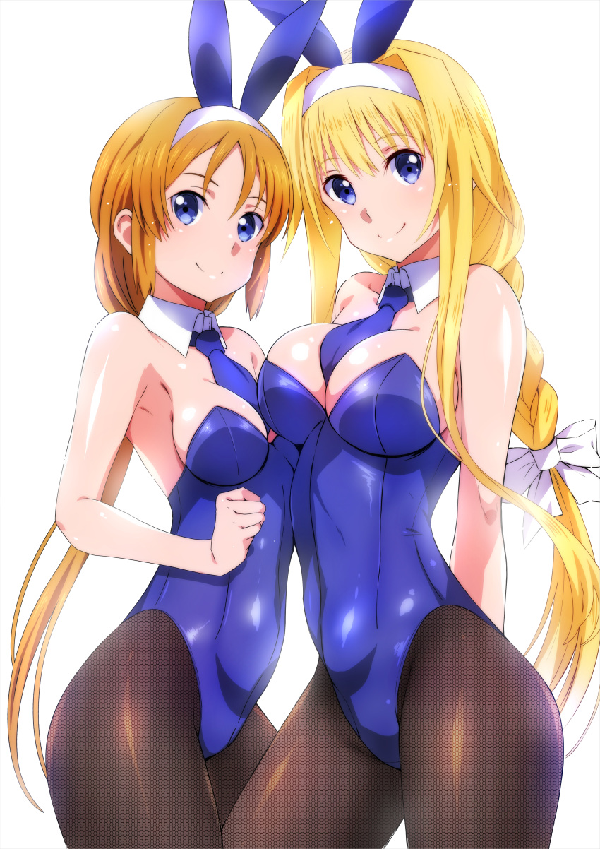 2girls absurdres alice_zuberg animal_ears arms_behind_back bare_arms belly between_breasts black_pantyhose blonde_hair blue_eyes blue_leotard blue_necktie blush bow braid breasts brown_hair closed_mouth cowgirl_position detached_collar fake_animal_ears feet_out_of_frame hairband hairbow highres island_(kossori) large_breasts leotard long_hair looking_at_viewer medium_breasts multiple_girls necktie necktie_between_breasts orange_hair pantyhose playboy_bunny rabbit_ears selka_zuberg shiny_skin siblings sidelocks simple_background single_braid sisters smile straddling strapless strapless_leotard sword_art_online sword_art_online:_alicization very_long_hair white_background white_bow white_hairband wrist_cuffs