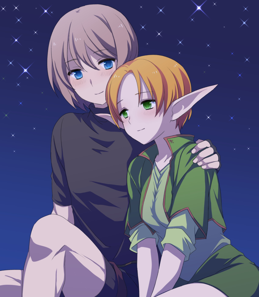 1boy black_shirt black_shorts blue_eyes blush brown_hair capelet couple elf female gensou_suikoden gensou_suikoden_iv green_capelet green_eyes green_shirt green_skirt ham_pon hand_on_another's_shoulder highres lazlo_(suikoden) light_smile night night_sky orange_hair paula_(suikoden) pointy_ears shirt short_hair short_sleeves shorts skirt sky star_(sky) starry_sky straight