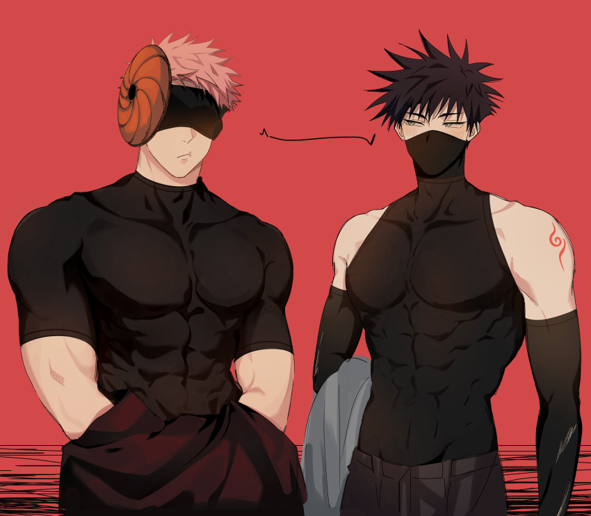 2boys abs absurdres alternate_pectoral_size bara black_gloves black_hair black_pants black_shirt blush collarbone commentary_request cosplay fushiguro_megumi gloves green_eyes hatake_kakashi hatake_kakashi_(cosplay) highres itadori_yuuji jujutsu_kaisen looking_at_another male_focus mask mask_on_head mouth_mask multiple_boys muscular muscular_male naruto_(series) naruto_shippuuden pants pectorals pink_hair red_eyes scar scar_on_face scar_on_mouth shirt short_hair sleeveless sleeveless_shirt somwang_07 spiked_hair tobi_(naruto) tobi_(naruto)_(cosplay) undercut undressing