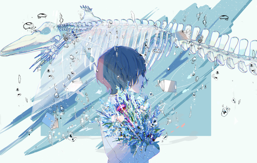 absurdres air_bubble animal_skull black_hair blue_background book bouquet bubble closed_mouth commentary_request female from_side hagimorijia hair_over_eyes highres holding holding_bouquet original profile short_hair skeleton solo two-tone_background upper_body