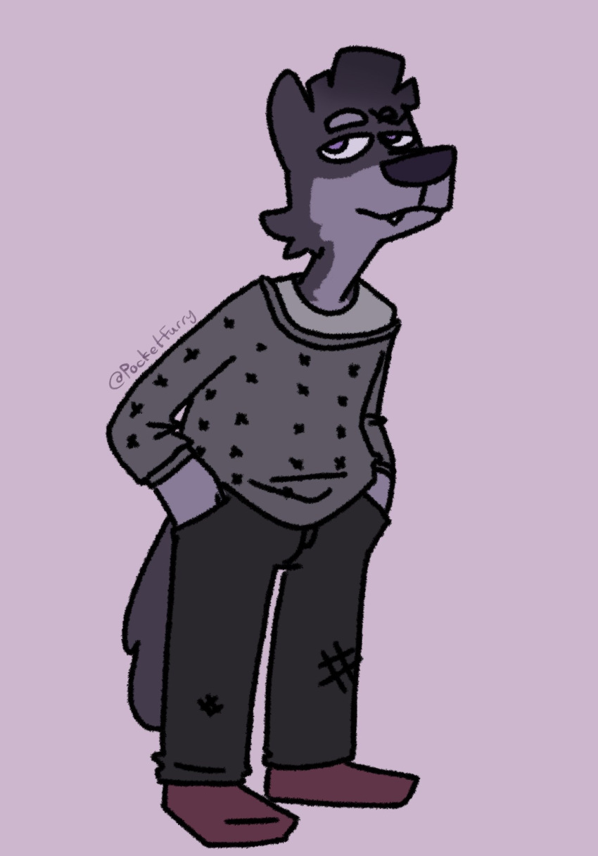 2020 anthro barely_visible_teeth big_nose biped black_bottomwear black_clothing black_pants bottomwear canid canine canis clothing digital_drawing_(artwork) digital_media_(artwork) esteban_(wolfnes) footwear full-length_portrait fur grey_body grey_clothing grey_fur grey_shirt grey_sweater grey_topwear hand_in_pocket hi_res looking_away looking_up male mammal pants pocketfurry pockets portrait purple_background purple_eyes red_clothing red_footwear red_shoes shirt shoes signature simple_background solo sweater tail topwear wolf