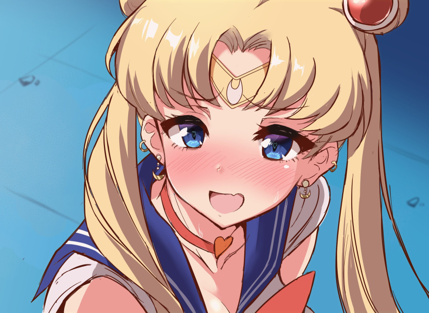 :d bishoujo_senshi_sailor_moon bishoujo_senshi_sailor_moon_s blonde_hair blue_eyes blue_sailor_collar blush bow bowtie breasts choker circlet cleavage collarbone crescent crescent_earrings derivative_work ear_piercing earrings female from_side hair_ornament hair_over_shoulder heart heart-shaped_pupils heart_choker highres jewelry kihou_no_gotoku_dmc long_hair magical_girl meme nose_blush open_mouth parted_bangs piercing red_bow red_bowtie red_choker sailor_collar sailor_moon sailor_moon_redraw_challenge_(meme) sailor_senshi_uniform school_uniform screenshot_redraw serafuku smile solo sweatdrop symbol-shaped_pupils tsukino_usagi twintails upper_body