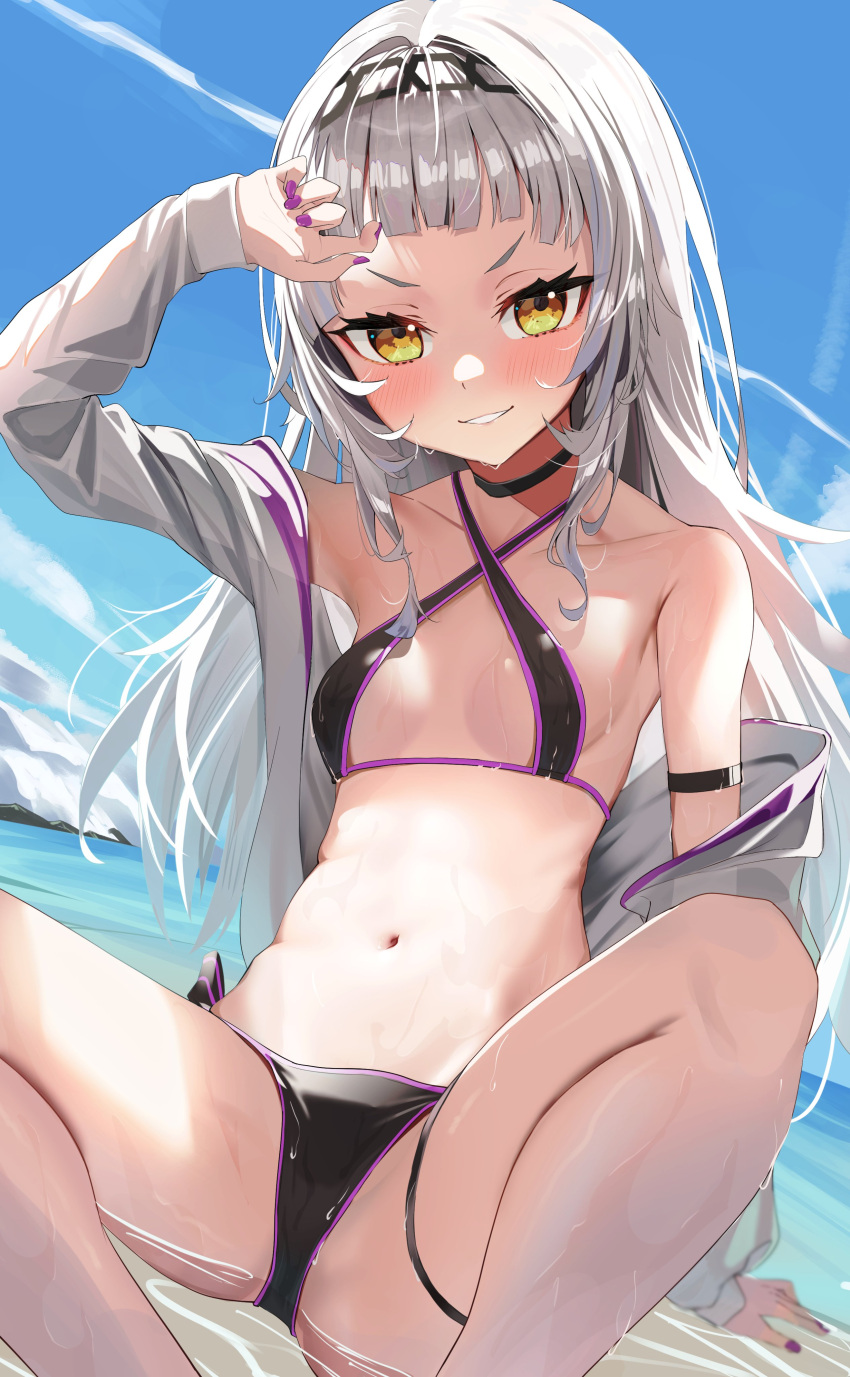 absurdres arm_strap armpits beach bikini black_bikini black_choker black_hairband blue_sky blunt_bangs blush breasts choker commentary contrail criss-cross_halter day eyelashes feet_out_of_frame female grey_hair grin hairband halterneck highres hololive long_hair looking_at_viewer murasaki_shion murasaki_shion_(hololive_summer_2019) nail_polish navel ocean off_shoulder official_alternate_costume open_clothes open_shirt orange_eyes outdoors panda_0035 purple_bikini purple_nails shirt sidelocks sitting sky small_breasts smile solo spread_legs stomach swimsuit teeth thigh_strap two-tone_bikini v-shaped_eyebrows virtual_youtuber wet white_shirt