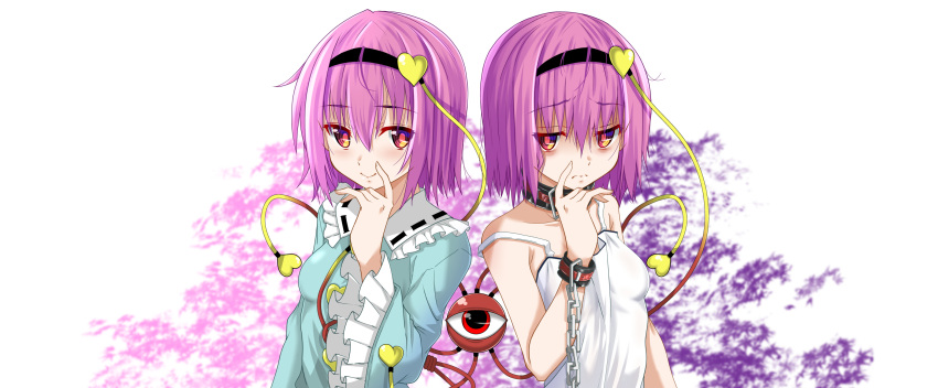 breasts chains clone collar collarbone commentary_request cuffs eyeball female fumihiro hairband heart highres komeiji_satori looking_at_viewer multiple_views pink_hair red_eyes small_breasts touhou