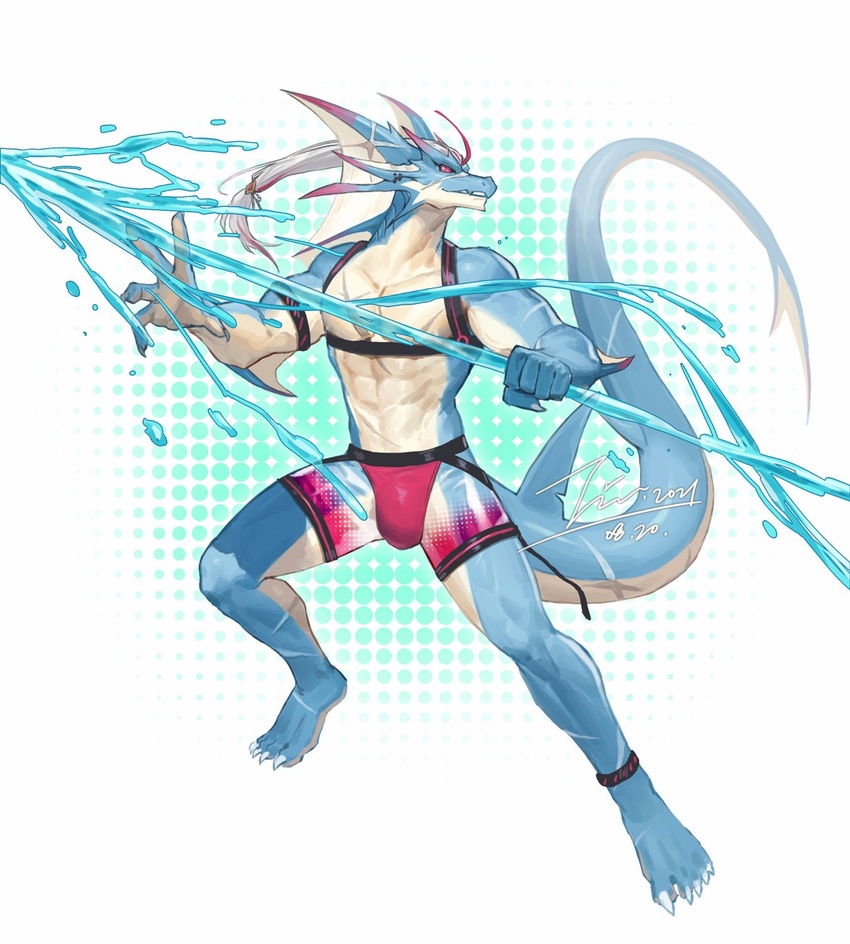 abs anthro bottomwear clothing dragon feet hi_res hydoor jinluarj13 lifewonders live_a_hero male muscular muscular_anthro muscular_male mythological_creature mythological_scalie mythology pecs scalie shorts solo straps straps_across_chest swimwear tail toes water