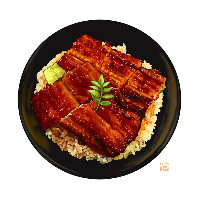 bowl donburi eel fish_(food) food food_focus garnish grilled_eel leaf meat no_humans original rice rice_bowl simple_background still_life studiolg unadon_(food) vegetable white_background